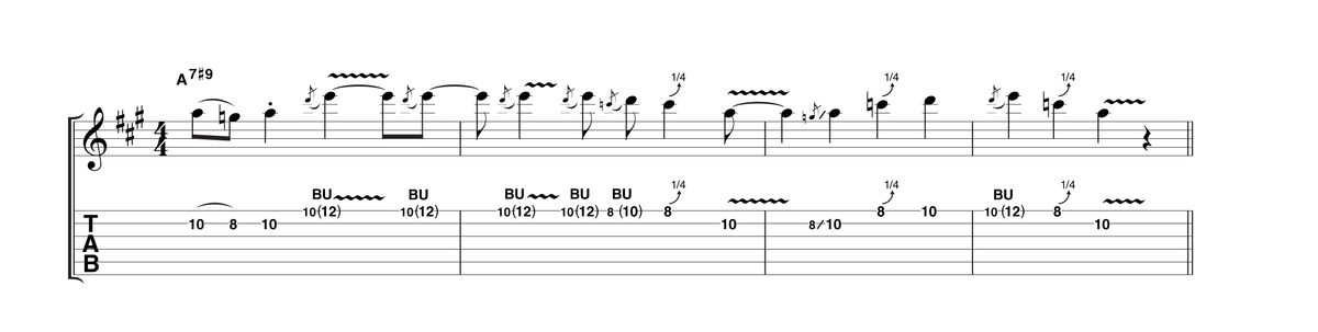 Here you're leaving the thematic approach behind for the moment and indulging in some soaring, syncopated (off beat) bends. This lick demonstrates how Freddie would make a lot happen with very few notes in the optimum place. Watch out for the vibrato in this one, it's not as easy to as it seems.