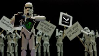 Storm troopers holding protest signs