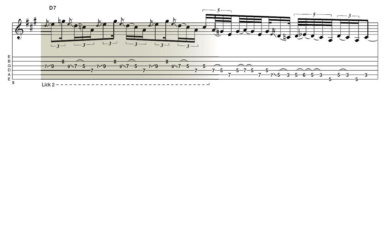Lick 2: This is a typical &lsquo;space filler&acute; lick of Stevie&acute;s, but it works well because it&acute;s interesting on the ear and you can lengthen or curtail it however you like. It&acute;s a great way to slide between positions two and one of the minor pentatonic, too - try it in other positions on the neck, and on other sets of strings.