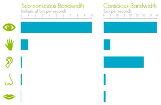 Figure 2. Sensory bandwidths reaching sub-conscious and conscious mind, from Tor Norretranders' The User Illusion. Visualisation from Stephen Few’s Information Dashboard Design