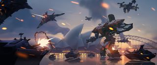 A giant Omnic attacking Sidney, Australia during the Omnic Crisis.