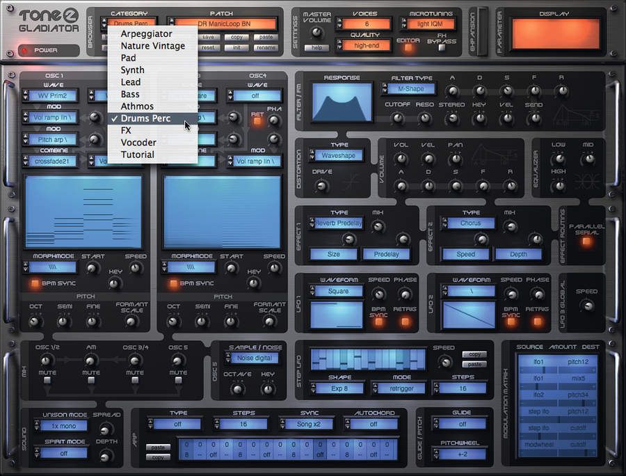 Presets are categorised by type.