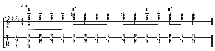 Example 1: Sonny transforms the basic open E chord, played at the 12th fret with the slide to a dominant seventh, by fretting behind the slide on the 10th fret with his first finger