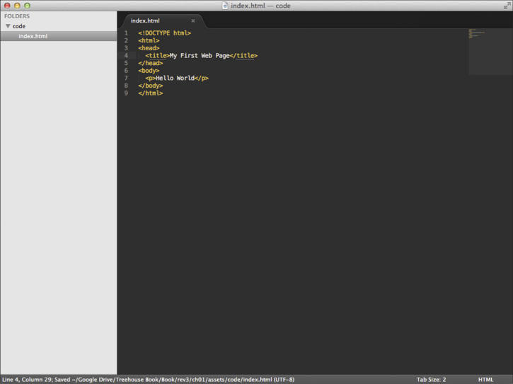 Figure 1-1 Editing an HTML document with Sublime Text 2