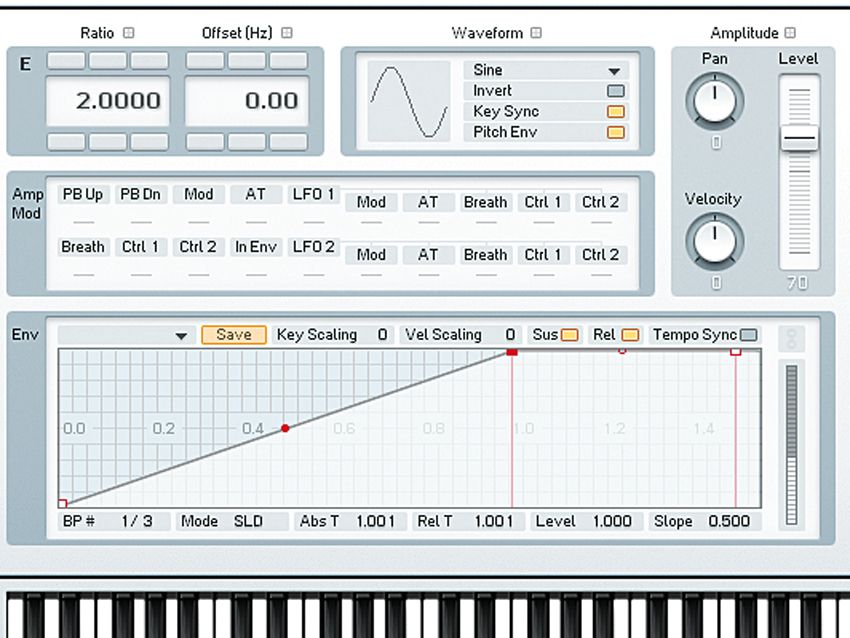 Next go to operator E's main page, where you can see more detailed controls. Look at operator E's envelope again, and drag the top-left node over to the right until the Abs T field reads 1.00. This produces another garage-style bass! From the same page, you can set operator E's Ratio to 2 to make yet another popular garage bass patch.