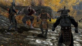 Best Skyrim mods — Nord warriors confront a bloodied werewolf on a road in the Rift.