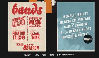 Typekit fonts rock out in these digital posters from Voltage Fashion. Left: Hellenic Wide, League Gothic and Bello Caps; right: Vinyl