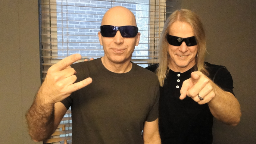 Joe Satriani and Steve Morse, photographed backstage at the Tower Theater, Upper Darby, PA, Sept. 28, 2013