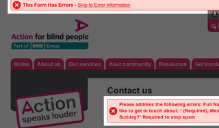 Form error alert on Action for Blind People website