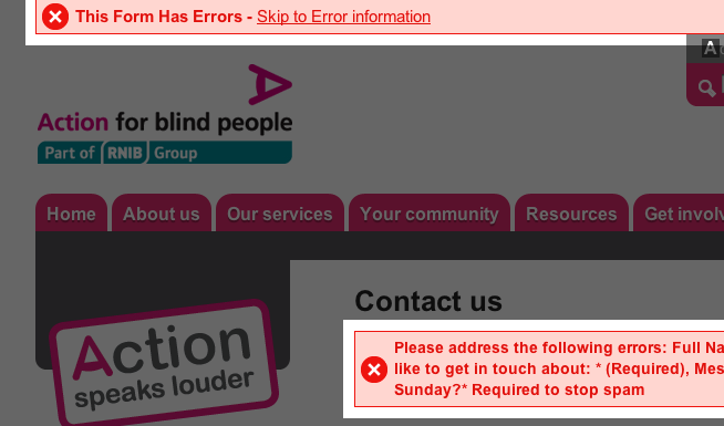 Form error alert on Action for Blind People website