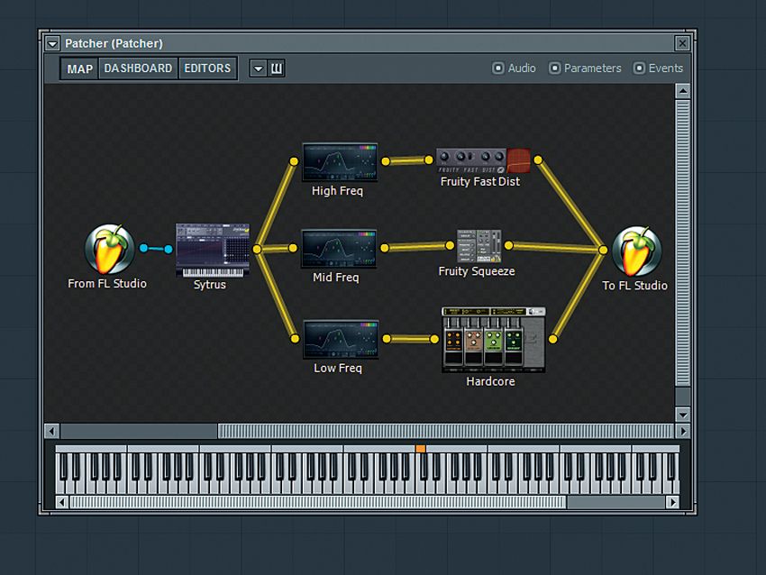Here we're building a custom multiband distortion effect using a different plug-in for each band.