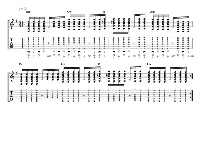 The key to this example is to tackle it one bar at a time. Pay careful attention to the strumming directions under the notation and aim for a relaxed flowing action.