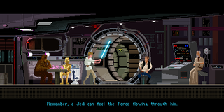 Pixel art: Star Wars scene featuring Obi-Wan training Luke and Chewbacca and C-3PO playing holographic chess