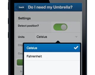 The drop-down created by app/view/SettingsView.js shows temperature in Celsius or Fahrenheit