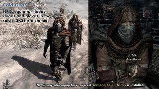 Best Skyrim mods — screenshots showing NPCs equipping protective gear to ward off cold.