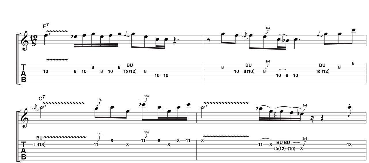 Here, you're emulating the type of phrasing that occurs naturally when using a capo, open tuning and lots of open strings. The quick-fire pentatonic runs are still a major feature, though this time tempered with some longer sustained notes. An ideal oppurtunity to work on your vibrato!