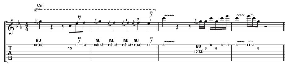 Lick 2: More tricky string bends here. There's no need to rush through them though, as this should sound very deliberate. There's a chance to show off more speed in bar 3.