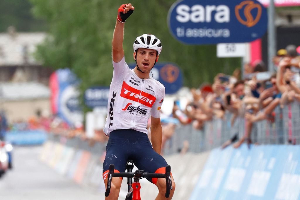 Team Treks Italian rider Giulio Ciccone celebrates as he crosses the finish line to win the 15th stage of the Giro dItalia 2022 cycling race 177 kilometers from Rivarolo Canavese Piedmont to Cogne Aosta Valley on May 22 2022 Photo by Luca Bettini AFP Photo by LUCA BETTINIAFP via Getty Images