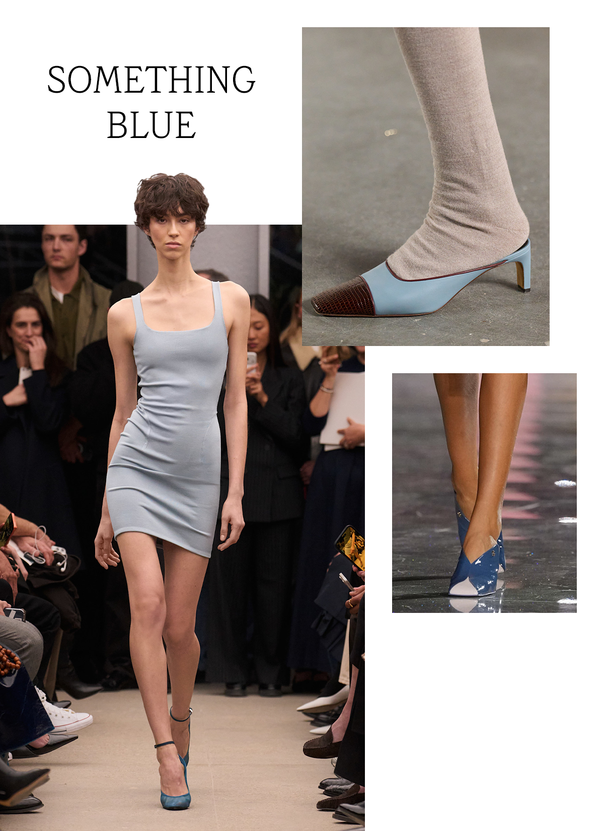 A slide showcasing the fall/winter 2026 blue shoe trend with the title, "Something Blue," on it. Models at Ala&amp;iuml;a, Chanel, and Ulla Johnson are featured.