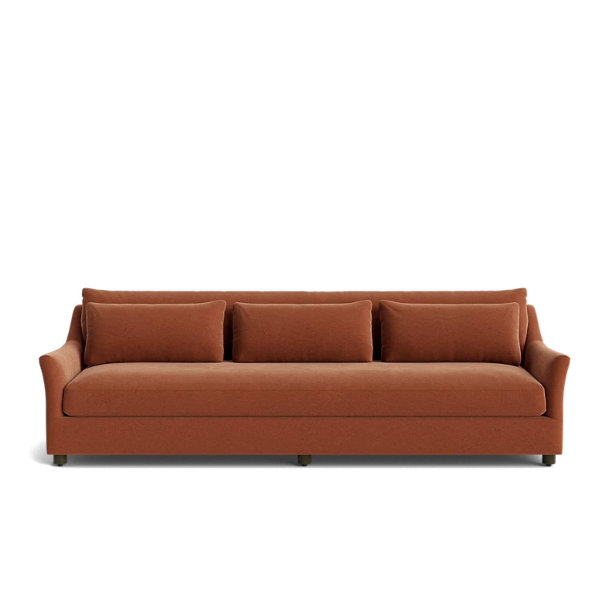 Terracotta velvet sofa with three back cushions and low arms