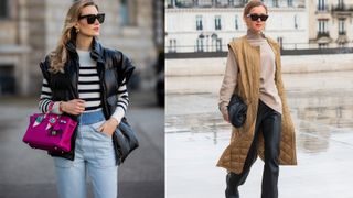 composite image showing how to style a gilet with two street style shots of two different women in gilets