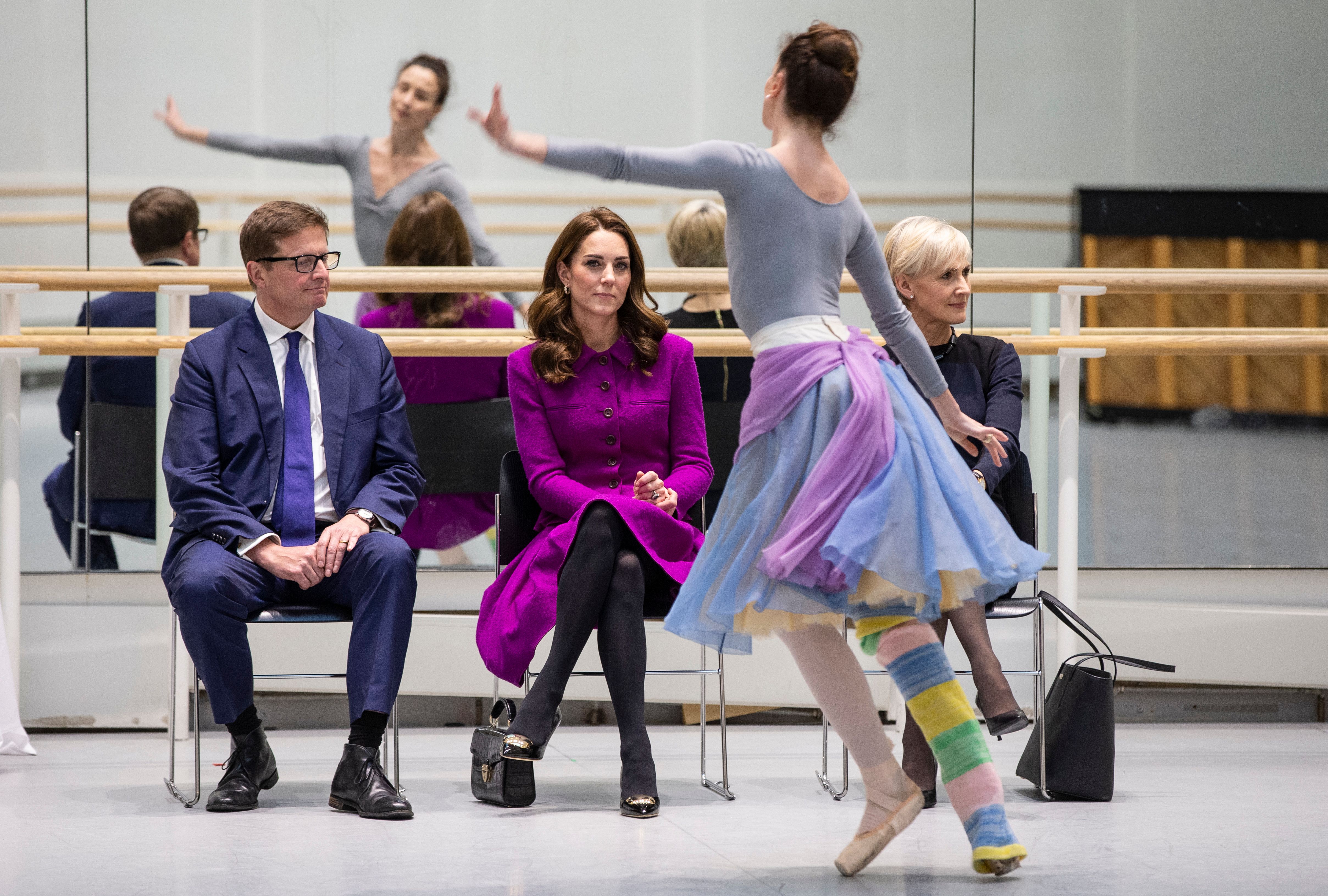 Princess Kate watches Royal Ballet Principal Dancer Lauren Cuthbertson (R) rehearsing the romantic Ballet The Two Pigeons during a visit to the Royal Opera House in London on January 16, 2019.