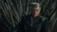 Rhaenyra looking miserable on the Iron Throne.