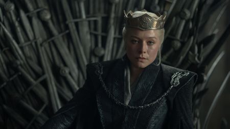 Rhaenyra looking miserable on the Iron Throne.