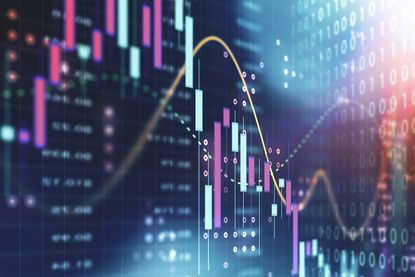 closeup of stock market chart with teal and purple bars and orange moving average