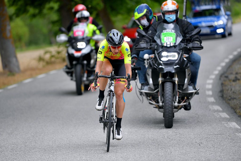 VILLARCAYO SPAIN MAY 21 Anastasia Chursina of Russia and Ale Btc Ljubljana Team in breakaway during the 6th Vuelta A Burgos Feminas 2021 Stage 2 a 97km stage from Pedrosa de Valdeporres to Villarcayo VueltaBurgos BurgosFem UCIWWT on May 21 2021 in Villarcayo Spain Photo by Luc ClaessenGetty Images