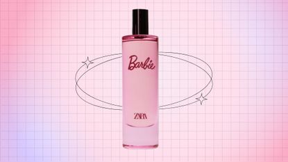 The Zara Barbie perfume in a pink and purple gradient template
