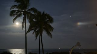 the full moon shines bright in the distance on the left and a small 'rainbow' sundog appears on the right of the image, there are three palm trees in the foreground.