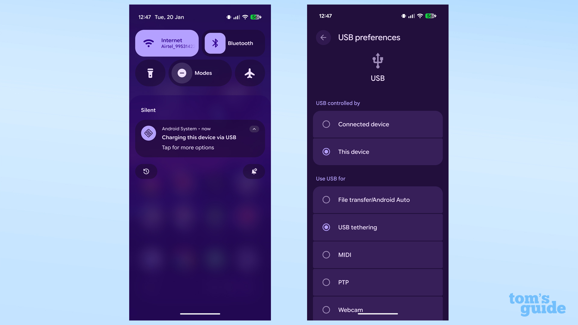 Wi-Fi tethering options in Android notifications