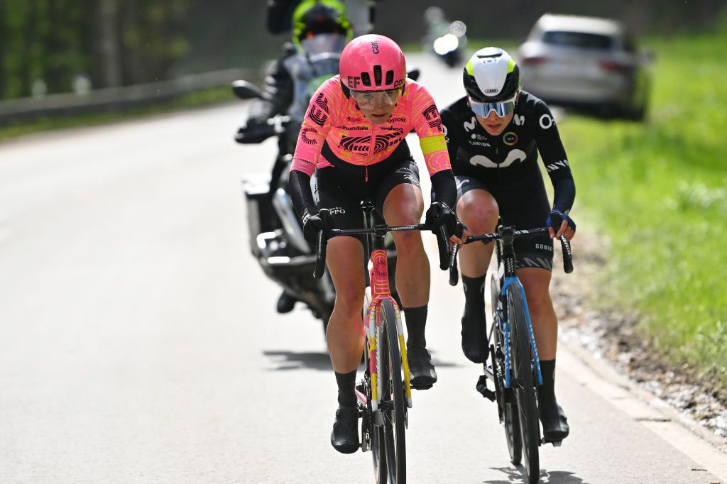 LIEGE BELGIUM APRIL 24 LR Kim Cadzow of New Zealand and Team EF EducationCannondale and Sara Martin of Spain and Movistar Team compete in the chase group uring the 8th Liege Bastogne Liege Femmes 2024 a 1529km one day race from Bastogne to Liege UCIWWT on April 24 2024 in Liege Belgium Photo by Luc ClaessenGetty Images