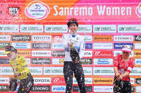 SANREMO, ITALY - MARCH 22: (L-R) Marianne Vos of Netherlands and Team Visma | Lease a Bike on second place, race winner Lorena Wiebes of Netherlands and Team SD Worx - Protime and Noemi Ruegg of Switzerland and Team EF Education-Oatly on third place pose on the podium ceremony after the 1st Sanremo Women 2025 a 156km one day race from Genova to Sanremo / #UCIWWT / on March 22, 2025 in Sanremo, Italy. (Photo by Tim de Waele/Getty Images)
