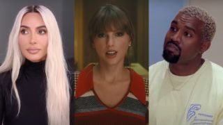 From left to right: screenshots of Kim Kardashian, Taylor Swift and Kanye West.