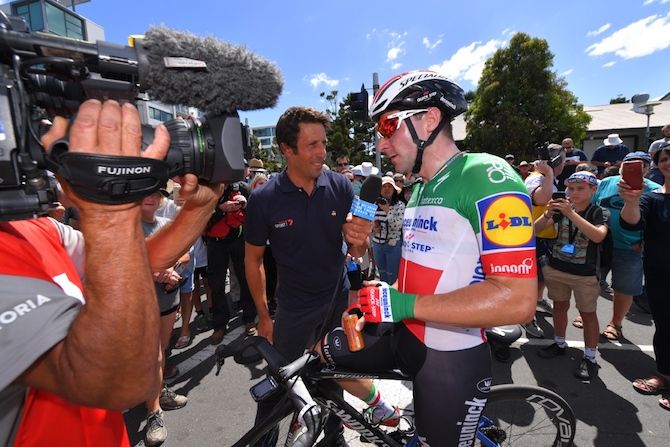 Elia Viviani (Deceuninck-QuickStep) gives an interview to former pro Juan Antonio Flecha