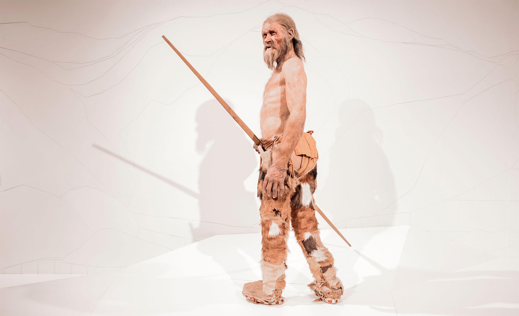A reconstruction of Ötzi the Iceman shows what he may have looked like, although a recent study suggests he had darker skin.