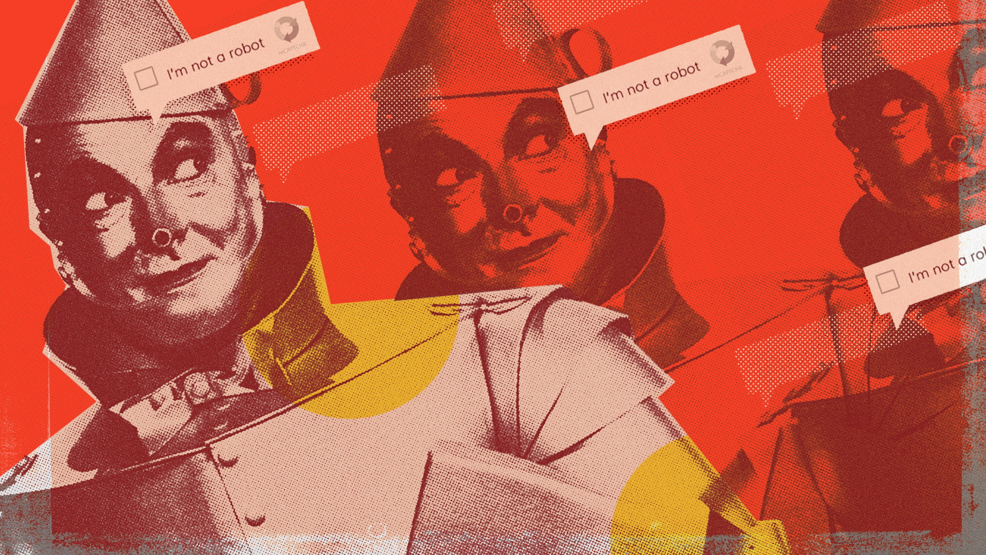 Illustration of the Tin Man with reCAPTCHA speech bubbles 