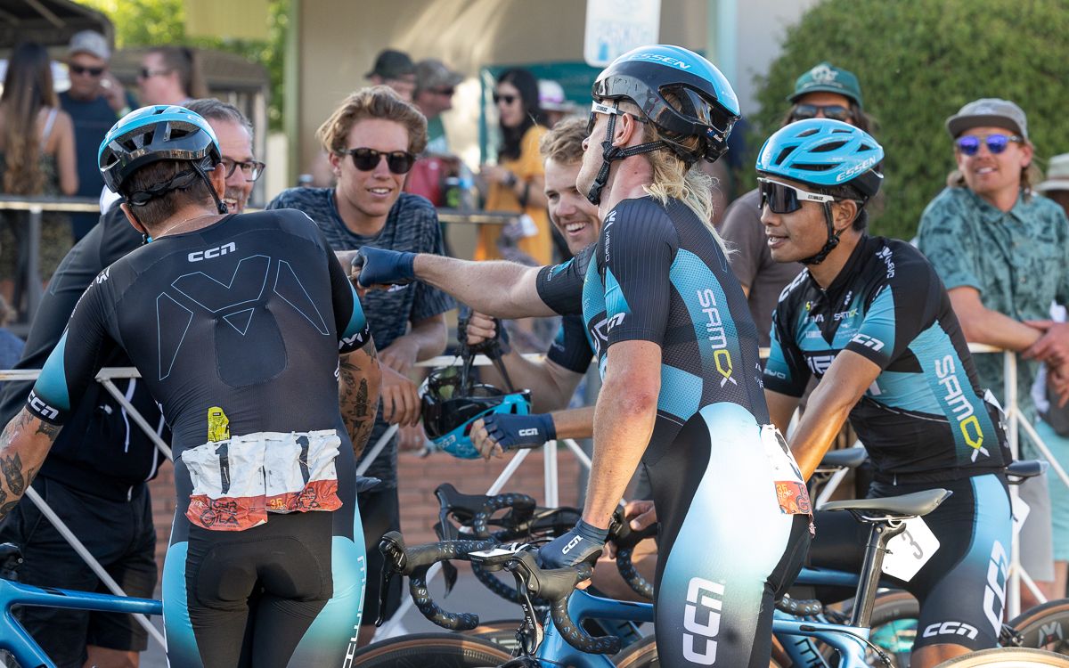 Cyrus Monk (Meiyo CCN Pro Cycling) receiving much deserved post-race congratulations for being in the break for more than 25 laps.