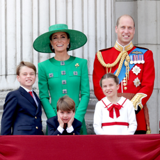 Prince William, Prince of Wales, Prince Louis of Wales, Catherine, Princess of Wales , Princess Charlotte of Wales and Prince George of Wales on the Buckingham Palace balcony during Trooping the Colour on June 17, 2023 in London, England.