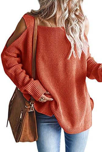New Ladies Women Knitted Cold Shoulder Crew Neck Jumper Top Sweater Long Sleeve