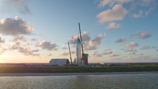 SpaceX’s newly assembled Starship Mk1 prototype stands tall at the company’s launch facility in Cameron County, Texas, ahead of Elon Musk’s big announcement on Sept. 28, 2019.