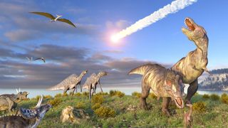 artist's depiction of dinosaurs watching fireball