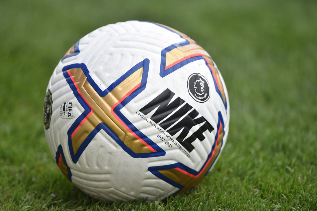 A close up of the Premier League 2022-2023 Nike match ball during the pre-season friendly match between Burton Albion and Nottingham Forest at Pirelli Stadium on July 12, 2022 in Burton-upon-Trent, England.