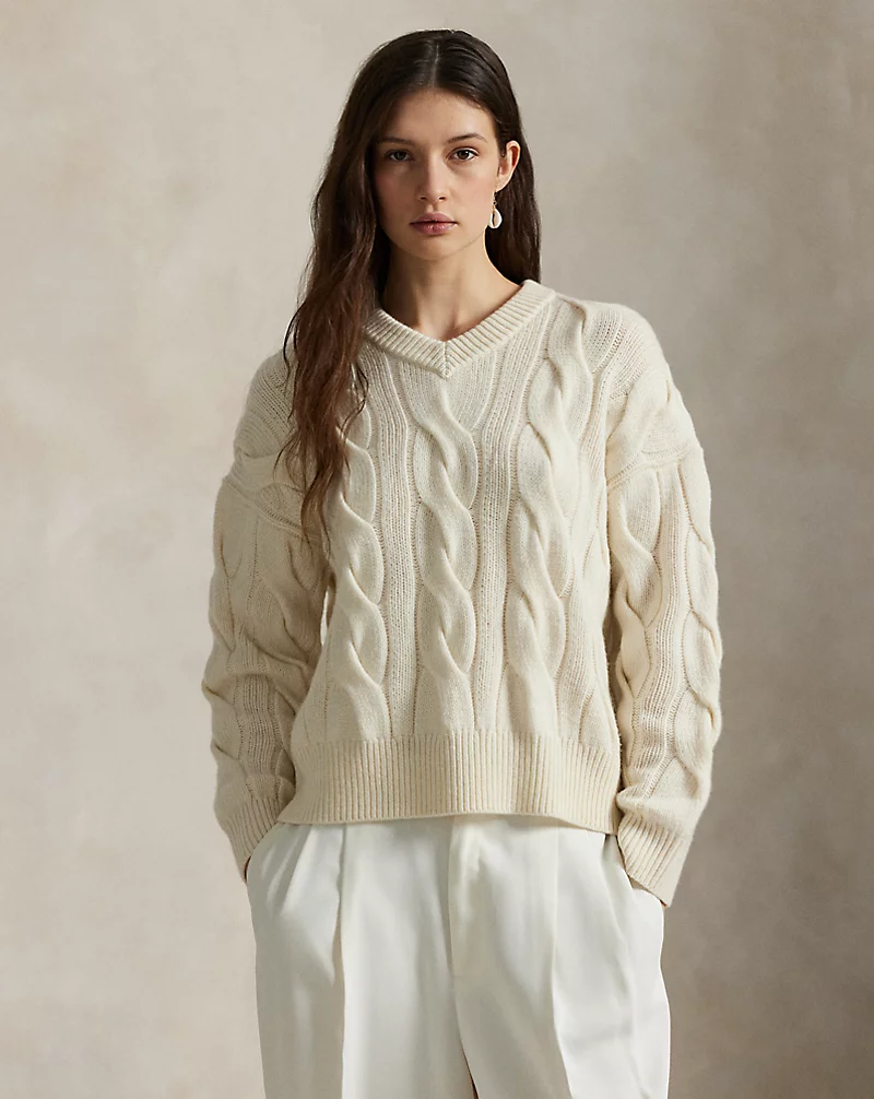 Cable Knit Wool Cashmere V Neck Jumper