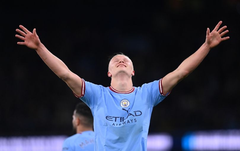 Erling Haaland celebrates scoring his 35th Premier League goal of last season against West Ham