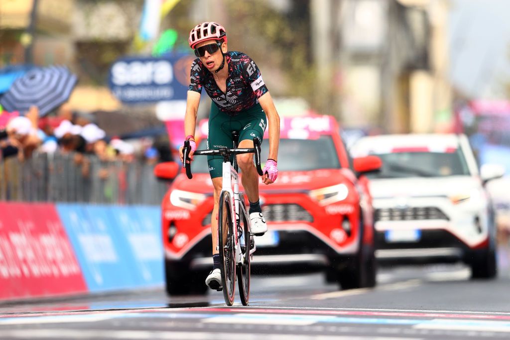 APRICA ITALY MAY 24 Hugh Carthy of United Kingdom and Team EF Education Easypost crosses the finish line during the 105th Giro dItalia 2022 Stage 16 a 202km stage from Sal to Aprica 1173m Giro WorldTour on May 24 2022 in Aprica Italy Photo by Michael SteeleGetty Images
