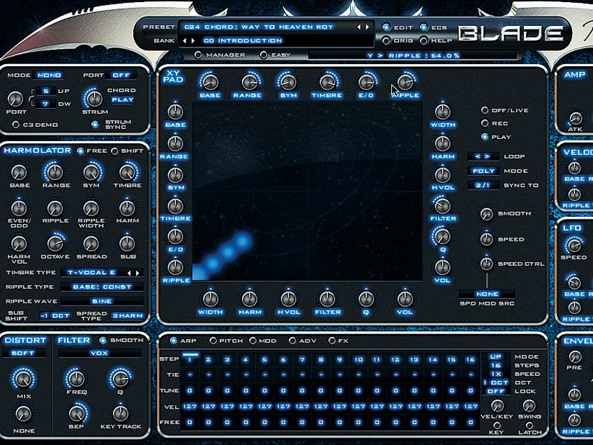 One of Blade's best features is its X/Y controller (centre of screen). An awesome recordable, loopable control source, it can really bring out the best in the Harmolator.