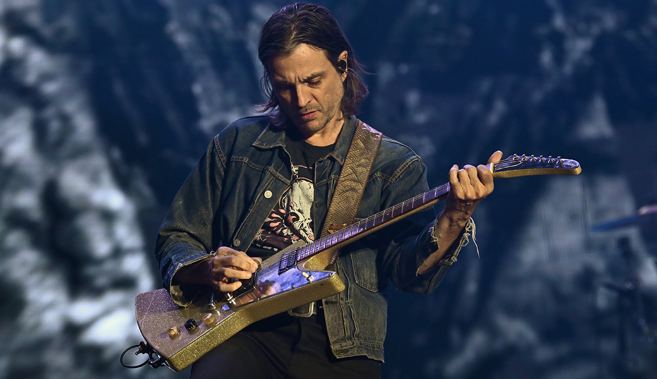 Brian Bell of Weezer performs during the 2025 When We Were Young Music Festival at the Las Vegas Festival Grounds on October 18, 2025 in Las Vegas, Nevada.